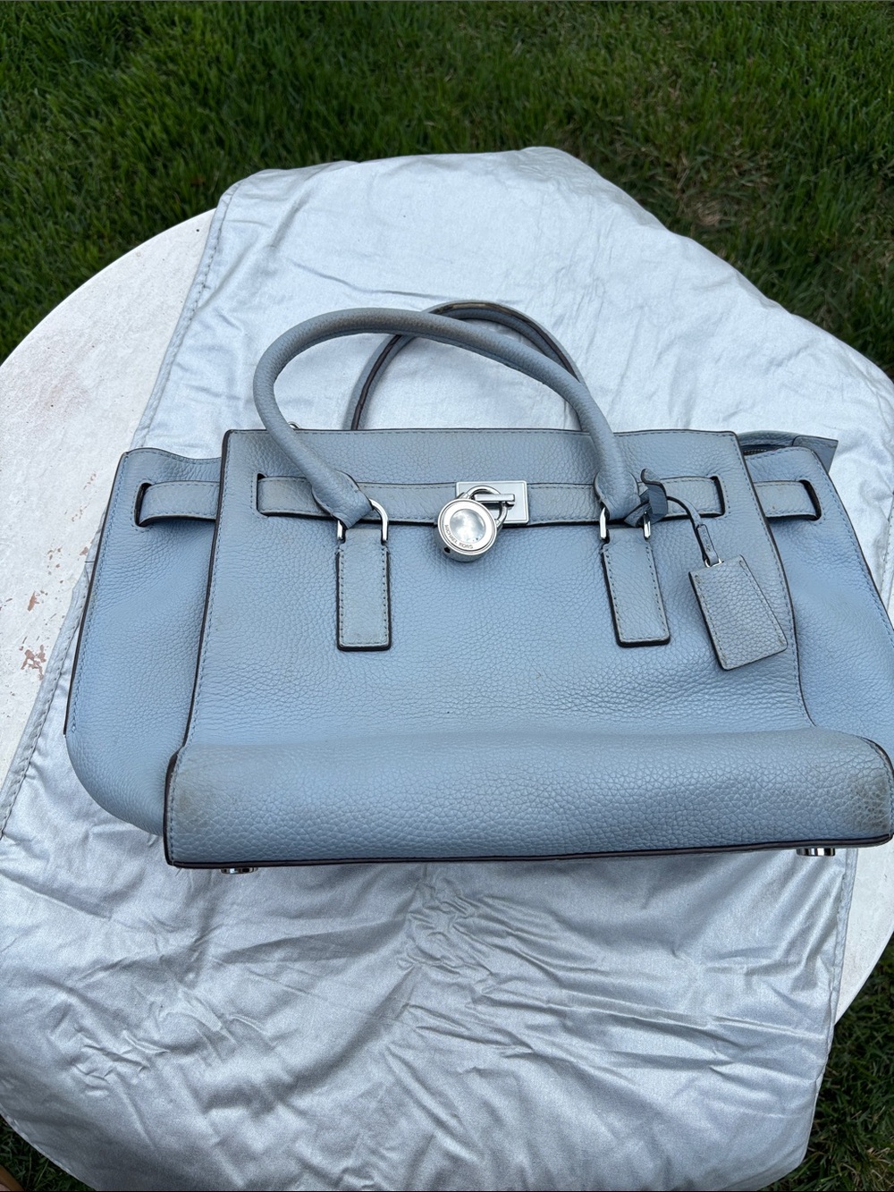 Leather Satchel Handbag in Light Gray - Branded